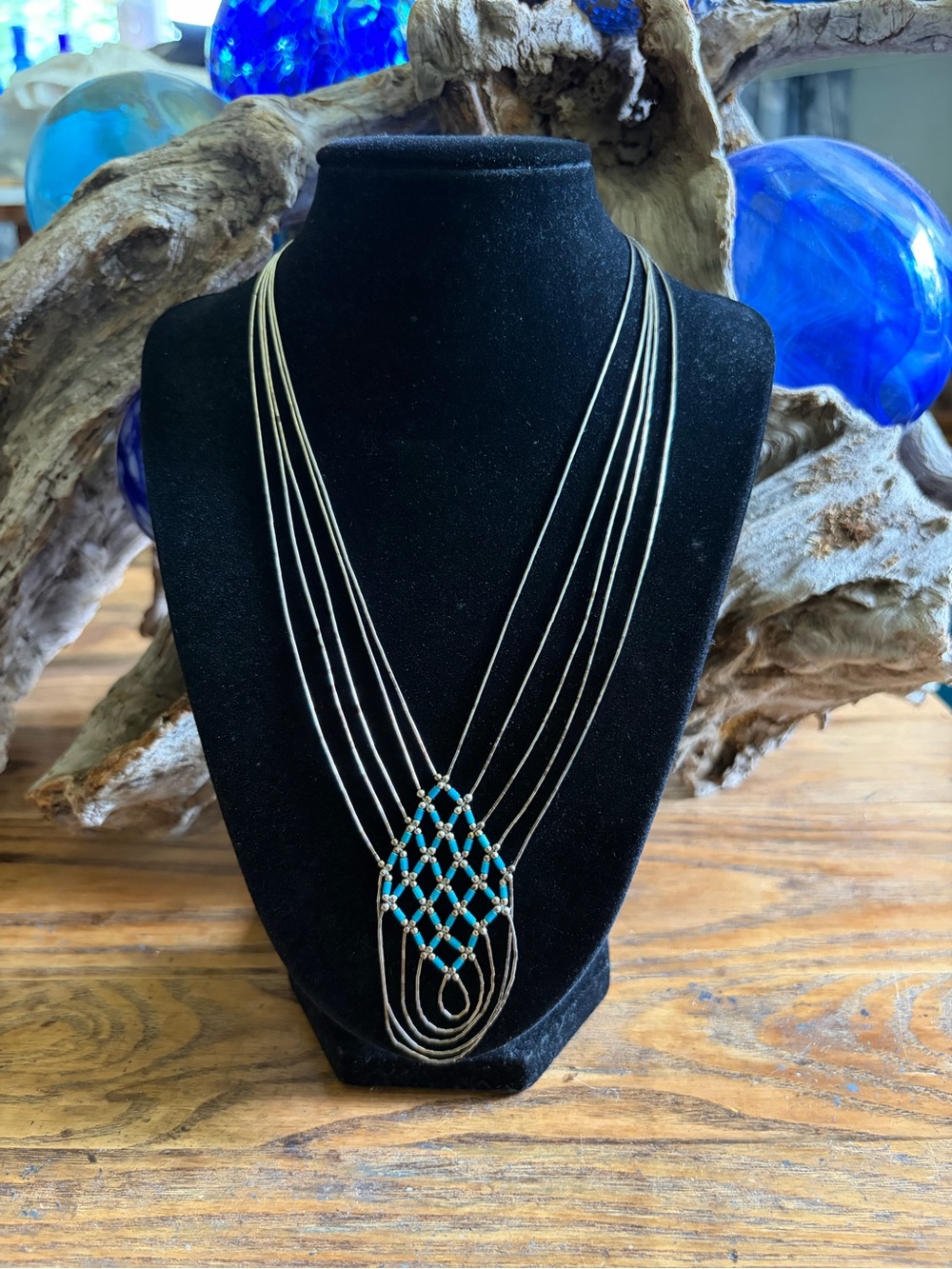 Native American Multistrand  Necklace with Turquoise Bead,liquid Sterling Silver